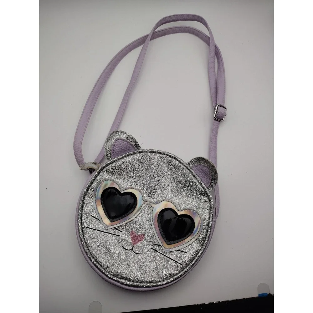 Girls Silver Glitter Cat Face Crossbody Bag Lavender Heart Sunglasses Purse